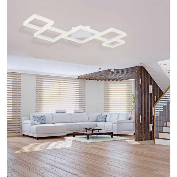 LED Deckenleuchte mit CCT-Lichtfarbsteuerung & Fernbedienung & Memory Funktion aus Acryl länglich 5 Quadrate 3 Stufen auch über Wandschalter zu schalten Deckenlampe weiß