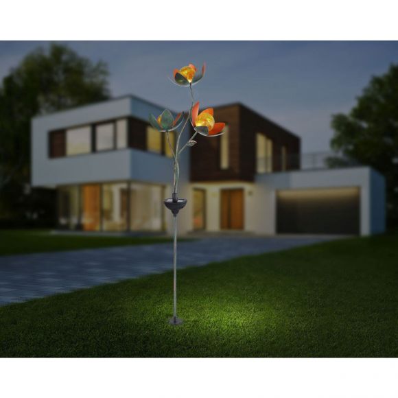 LED Solarleuchte Erdspießleuchte Blumen grün gold mit Glas kugeln 3-flammige Außenleuchte mit Schalter und Akku 6500K IP44