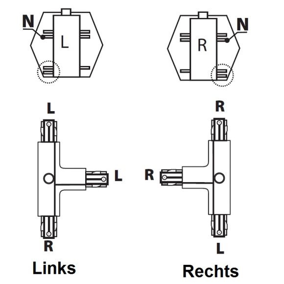 3 Phasen T-Verbinder weiß rechts oder links