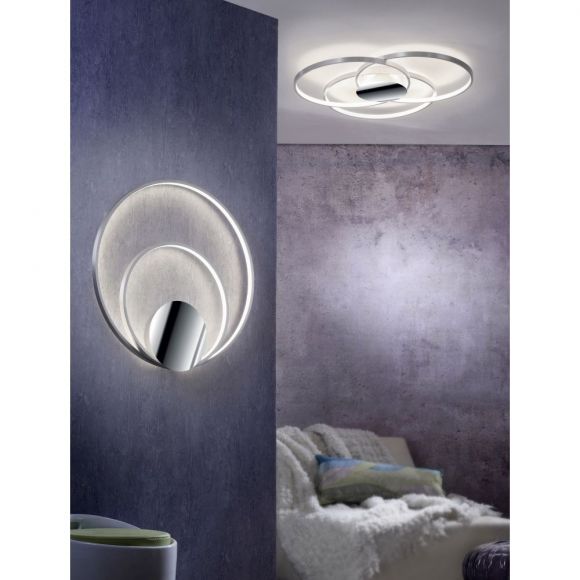 silberne LED Wand- oder Deckenleuchte mit drei Ringen, indirektes Licht, Alu Chrom, inkl. LED 40W