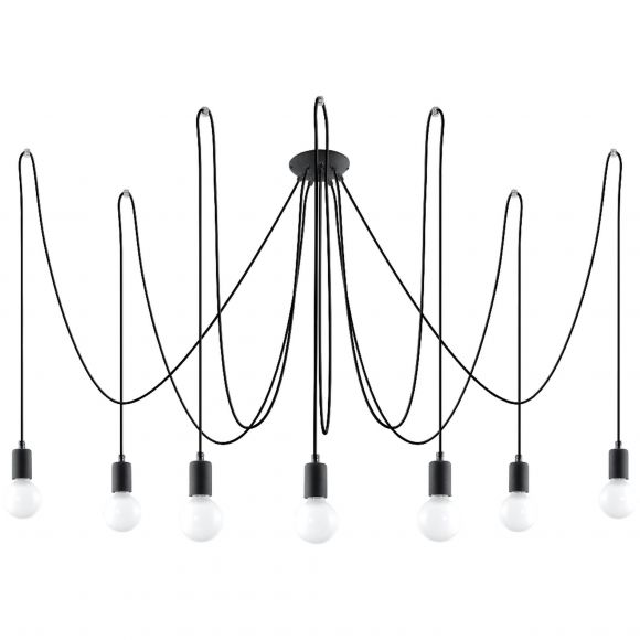 skandinavische E27 Pendelleuchte 7-flammig für Glühbirnen mit Textilband, vintage ideal für Filament-Leuchte Hängelampe schwarz