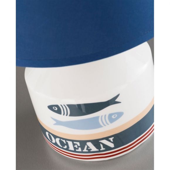 Tischleuchte Ocean 1-flammig, Keramik weiß blau, Stoffschirm Textilschirm, mediterran, Schnurschalter, E27