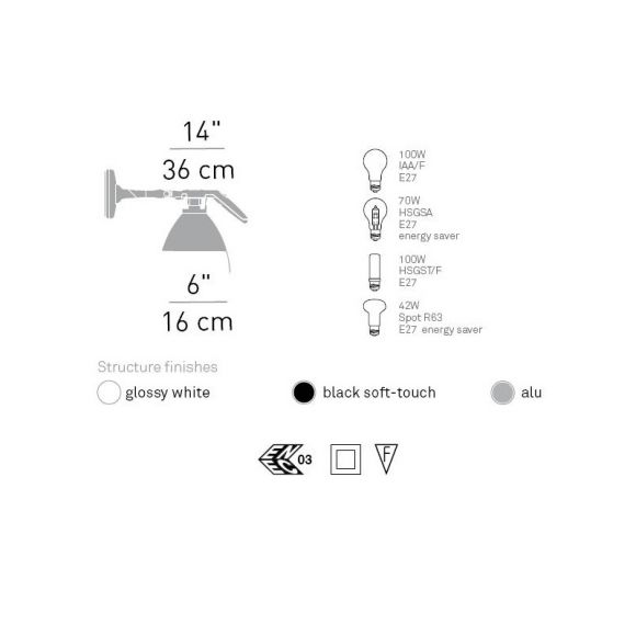 Designer Wandleuchte Fortebraccio von Luceplan mit Schalter - Kopf Ø 16cm - schwarz, alu oder weiß wählbar