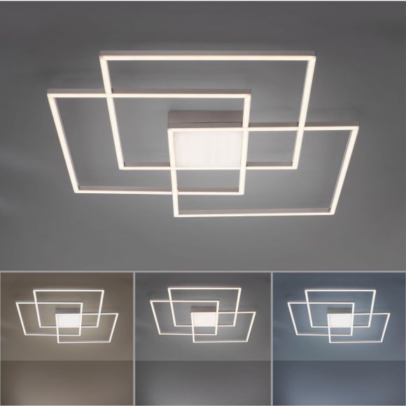 dimmbare eckige LED Deckenleuchte mit CCT-Lichtfarbsteuerung, Fernbedienung  und Aluminium matt 3-flammige Deckenlampe stahlfarbig Schalter
