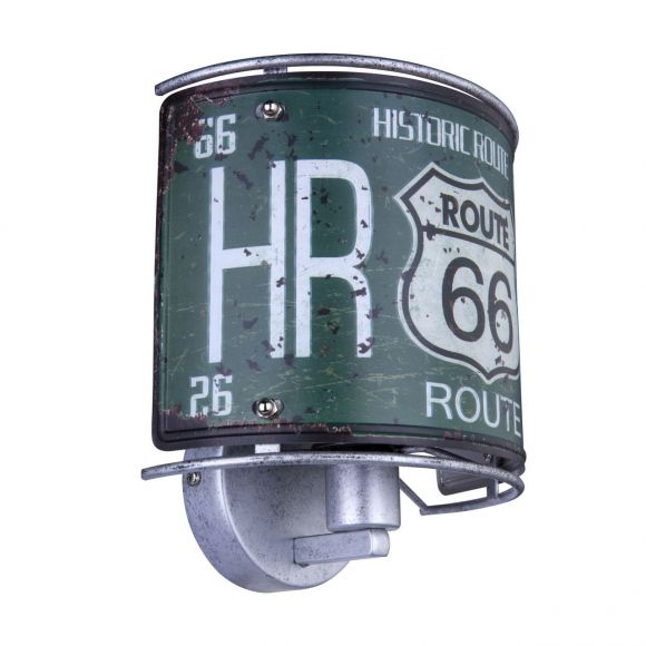 E14 Wandleuchte antik Retro aufwärts mit Dekore: 1 x Route 66 Wandlampe silbermetallic