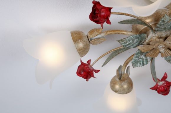 Filigrane Deckenleuchte im Florentiner Stil - Metall - Weiß/Gold mit roten Rosen - 5-flammig