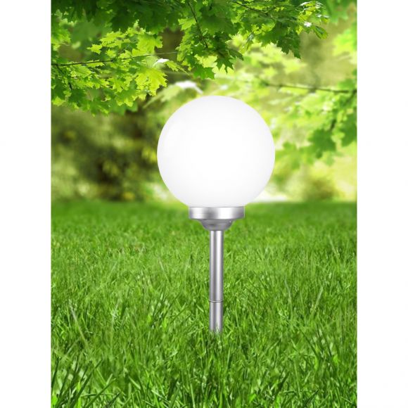 LED Solarleuchte metallic weiß Kugelleuchte ø 30 cm 4-flammige Außenleuchte mit Erdspieß und Akku IP44