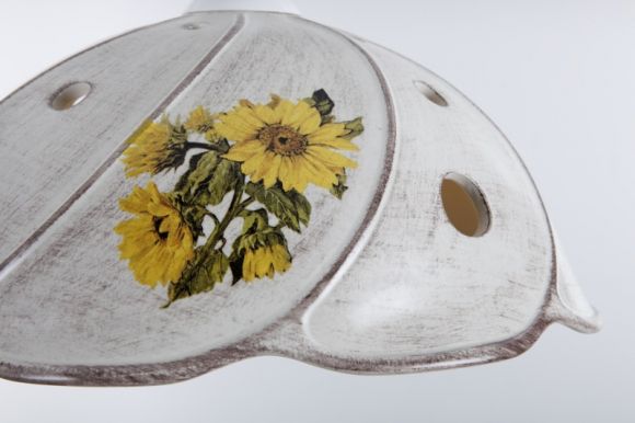 Pendelleuchte, Spiralkabel, Keramik, antik-grau, Sonnenblumen-Dekor
