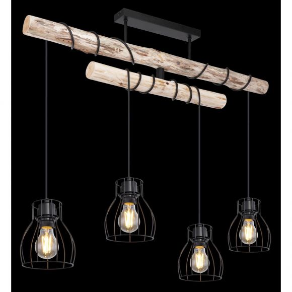 Holz 4-flammige schwarz matt Herumwickeln WOHNLICHT 4 Deckenleuchte zum Arme schwenkbare Kabel natur und Hänger | gerade drehbar höhenverstellbare aus E27 Deckenlampe 2