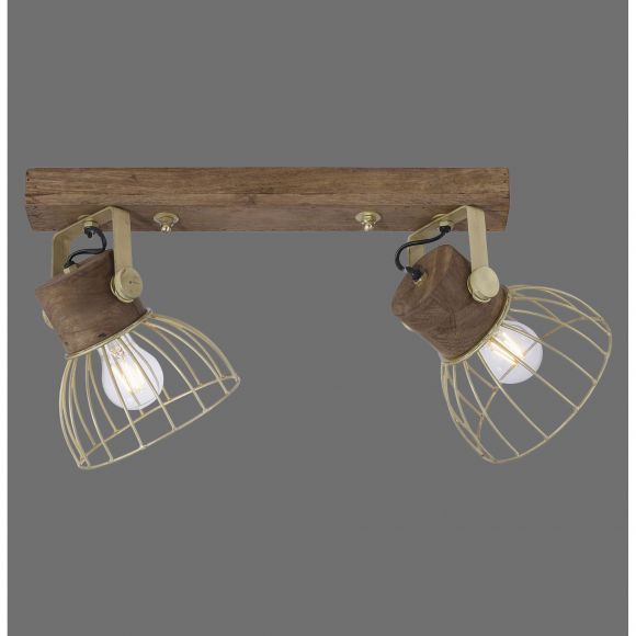 schwenkbare höhenverstellbare runde E27 Deckenleuchte aus Holz und Eisen matt 2-flammige Deckenlampe messingfarbig Cage-Light