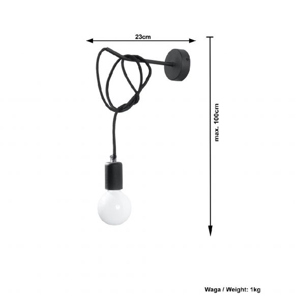 skandinavische E27 Wandleuchte mit Textilband für Glühbirne, vintage ideal  für Filament-Leuchte hängend Wandlampe schwarz | WOHNLICHT