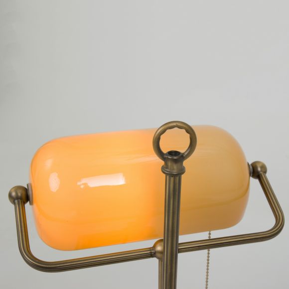 Vintage Tischleuchte mit kippbarem, orangefarbenem Glasschirm, Bankers Lamp,1-flammig, höhenverstellbar, Fuß bronze, E27