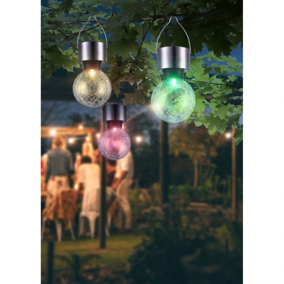 12er Set LED Laterne zum Aufhängen Solarleuchte aus Edelstahl lackiert crackle klar Außenleuchte Farbwechsler, 1x Akku 1,2 V, D:60, H:157, RGB LED 0,05W 3V IP44