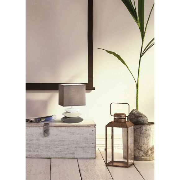 E14 Tischleuchte mit Stoffschirm und gestapelten Steinen aus Keramik eckige Tischlampe grau mit Schalter 29 cm