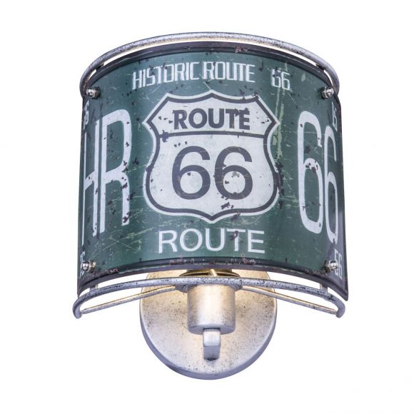 E14 Wandleuchte antik Retro aufwärts mit Dekore: 1 x Route 66 Wandlampe silbermetallic