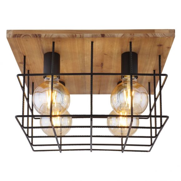 E27 WOHNLICHT aus Holz Betonstahl-Gitter eckige skandinavische Deckenlampe | Deckenleuchte quadratisch Käfig 4-flammige schwarz