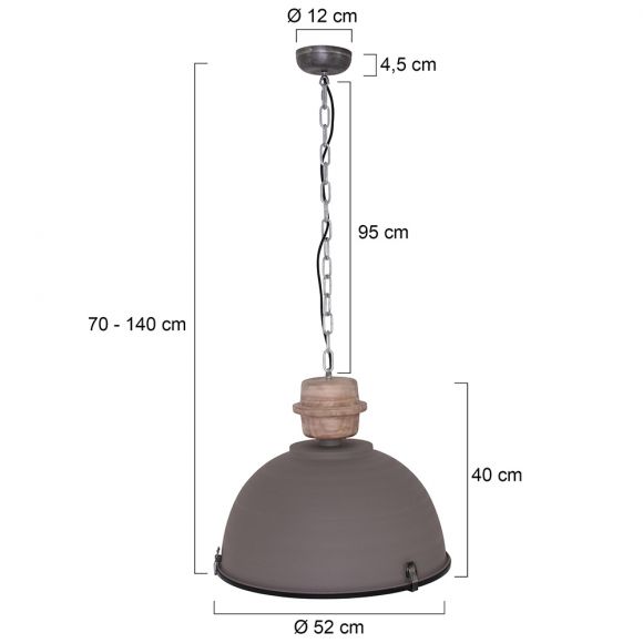 industrielle Pendelleuchte mit Metallschirm und Holzaufsatz, grau, D= 52 cm, E27, höhenverstellbar, 1-flammig