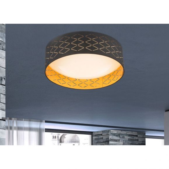 LED Deckenleuchte mit Stoff Schirm und Blendschutz aus Stoff Sternenhimmel Decor Schirm höhe 12 cm Deckenlampe schwarz gold ø 40