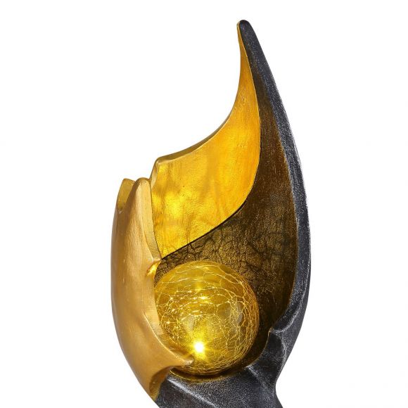LED Solarleuchte Skulptur in gold-braun geschwungen mit Glas crackle Element Außenleuchte Tischleuchte mit Schalter und Akku 3000K IP44