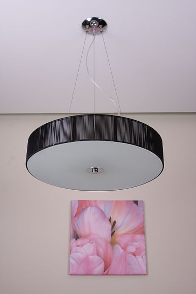 Pendelleuchte mit Organzastoff in schwarz bezogen, Energiesparlampen einsetzbar, D = 60,5 cm