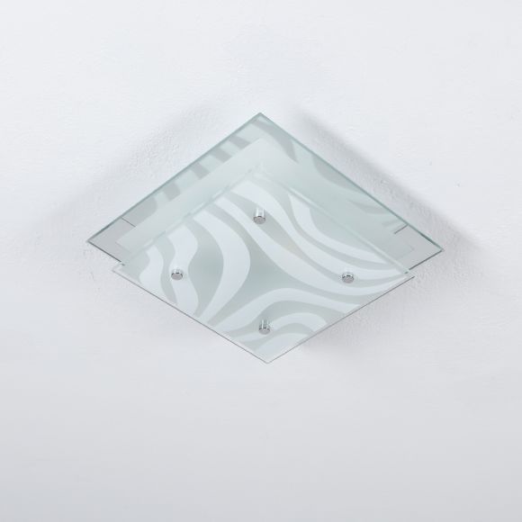 quadratische E27 Deckenleuchte aus Glas mit Streifendekor & Spiegelrand in Chrom, 24 x 24 cm, LED geeignet