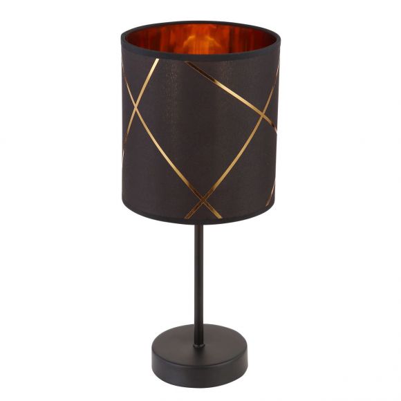 runde E14 Tischleuchte aus Stoff und Acryl Schirm mit Dekorstanzungen schwarzes Textilkabel 18m Tischlampe gold Schalter ø 15 cm