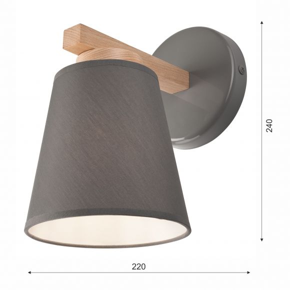 runde Holz Wandleuchte mit Stoffschirm skandinavische Wandlampe grau 22 x 24 cm