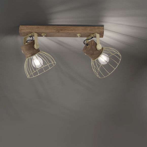 schwenkbare höhenverstellbare runde E27 Deckenleuchte aus Holz und Eisen matt 2-flammige Deckenlampe messingfarbig Cage-Light