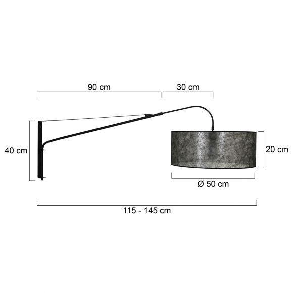 Schwenk- und ausziehbare 100 - 130 cm E27 Wandleuchte mit Stoffschirm transluzent Wandlampe schwarz ø 50 cm