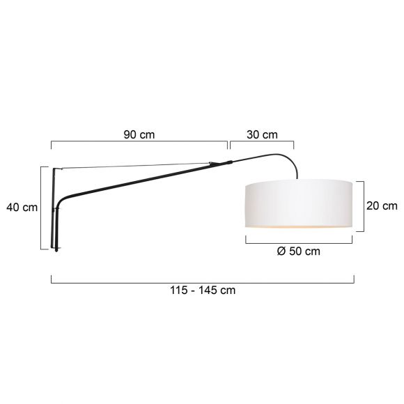 Schwenk- und ausziehbare 100 - 130 cm E27 Wandleuchte mit Stoffschirm weiß Wandlampe schwarz ø 50 cm