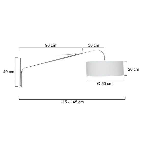 Schwenk- und ausziehbare 100 - 130 cm E27 Wandleuchte mit Stoffschirm Wandlampe Stahl ø 50 cm