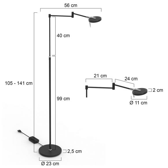schwenk- und höhenverstellbare LED Stehleuchte dimmbare Leseleuchte schwarz mit Rauchglas Ring Stehlampe Höhe 108-148 cm