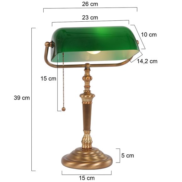 Bankerleuchte Tischleuchte mit schwenkbarem, grünem o. weißem Schirm aus Glas, Bankers Lamp, Fuß bronze, Schnurschalter, E27