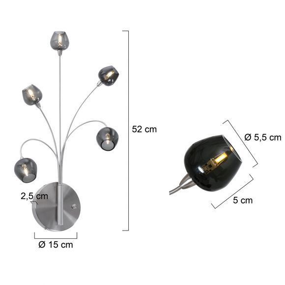 dimmbare LED Wandleuchte mit eleganten Stahlrohren, 3 Varainten wählbar, 5-flammig, silber, inkl. LED 5x 2W
