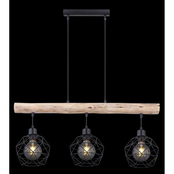 E27 Pendelleuchte aus Holz matt Balken gerade 3 Hänger Metallgitter - Schirm e 3-flammige Hängelampe schwarz und natur