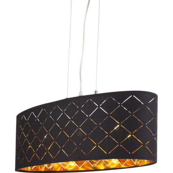 E27 Pendelleuchte aus Stoff matt oval Schirm mit Dekorstanzungen 3-flammige Hängelampe schwarz und gold