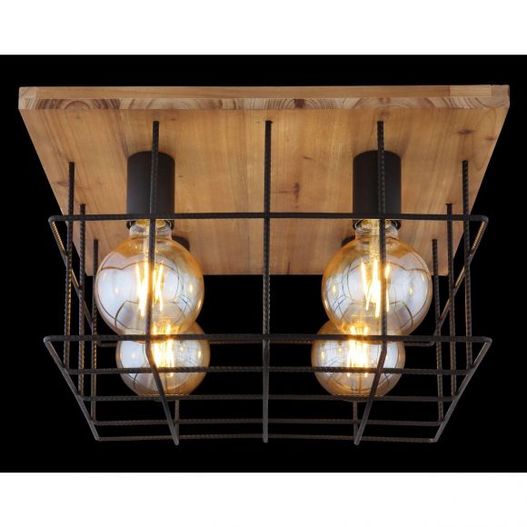 eckige E27 Deckenleuchte aus Holz skandinavische quadratisch Käfig  Betonstahl-Gitter 4-flammige Deckenlampe schwarz | WOHNLICHT