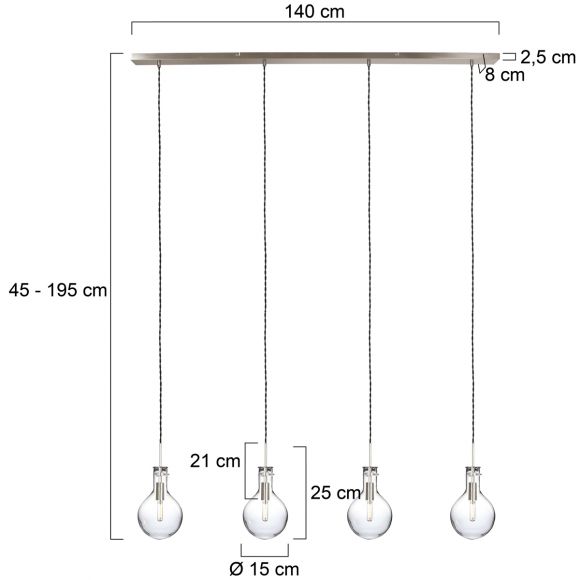 Elegante LED Pendelleuchte mit transparentem Glasschirm, Klarglas, höhenverstellbar, 4-flammig, Retro, inkl. LED 4x 2 W