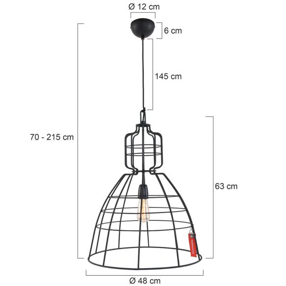 höhenverstellbare Käfig-Pendelleuchte mit sichtbarer Lampenfassung, Cage Retro, schwarz, E27