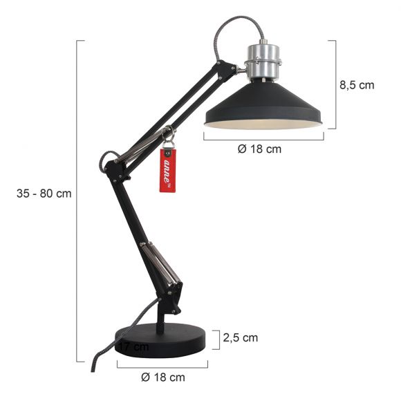 Industrielle Tischleuchte mit schwenkbarem Schirm, schwarz, höhenverstellbar, Schreibtischlampe mit Schnurschalter, E14