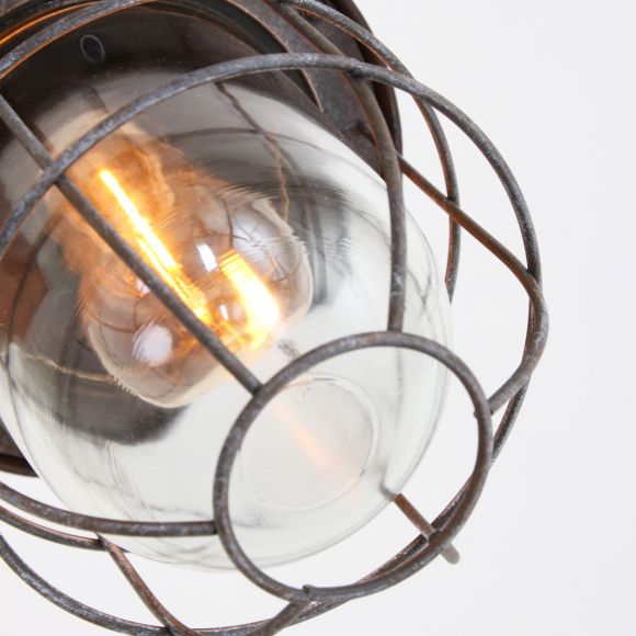 Pendelleuchte im Industrie Stil, 1-flammig, mit Glasschirm und Metallkäfig, höhenverstellbar, E27, braun o. grau