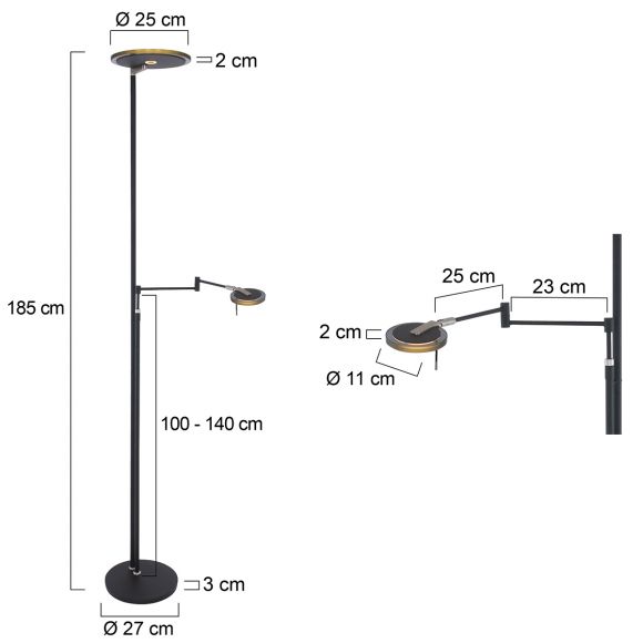 schwenk- und höhenverstellbare LED Stehleuchte dimmbare Leseleuchte schwarz mit Rauchglas Ring Stehlampe Höhe 108-148 cm