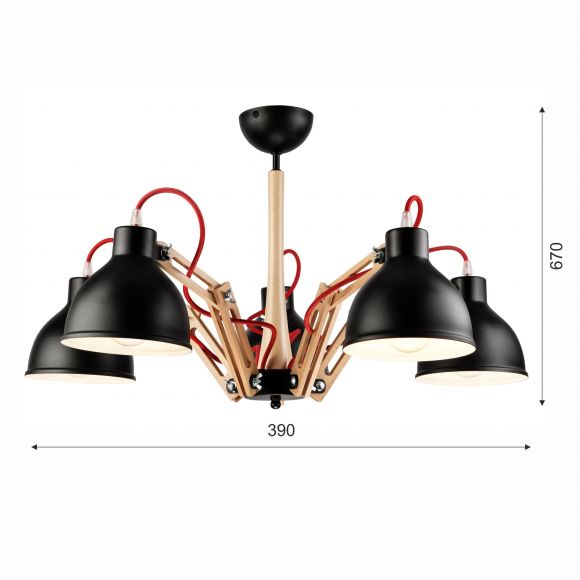 E27 Deckenleuchte mit beweglichen Holzgestell und Metall-Schirmen skandinavische 5 -flammige Deckenlampe schwarz 39 x 67 cm