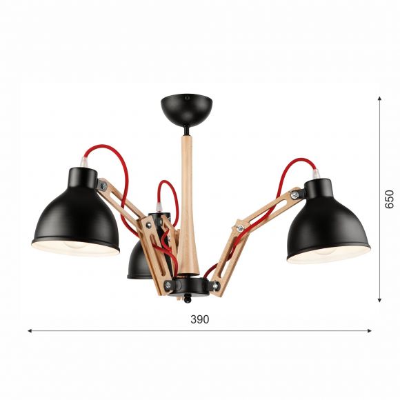 E27 Deckenleuchte mit beweglichen Holzgestell und 3 Metall-Schirmen skandinavische 3 -flammige Deckenlampe weiß 39 x 65 cm