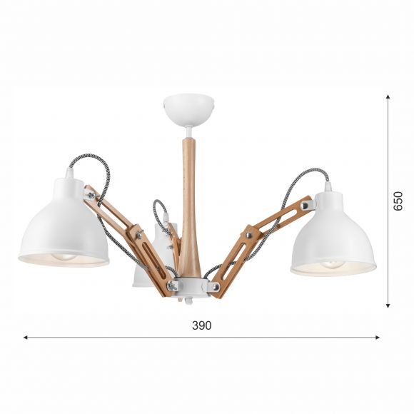 E27 Deckenleuchte mit beweglichen Holzgestell und 3 Metall-Schirmen skandinavische 3 -flammige Deckenlampe weiß 39 x 65 cm