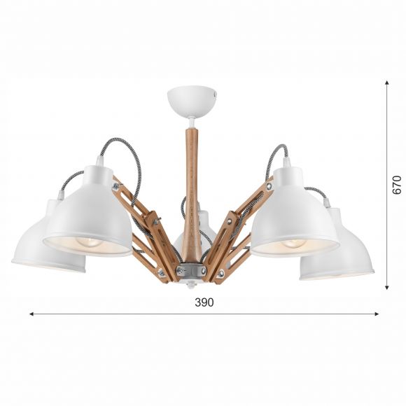 E27 Deckenleuchte mit beweglichen Holzgestell und Metall-Schirmen skandinavische 5 -flammige Deckenlampe weiß 39 x 67 cm