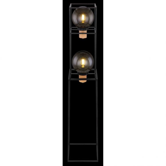 eckige Stehleuchte aus Holz matt skandinavische rechteckig Käfig innen mit Kugeln schwarze Textilkabel Kugel-DM:20cm Kabel 18m 2-flammige Stehlampe rauch Schalter