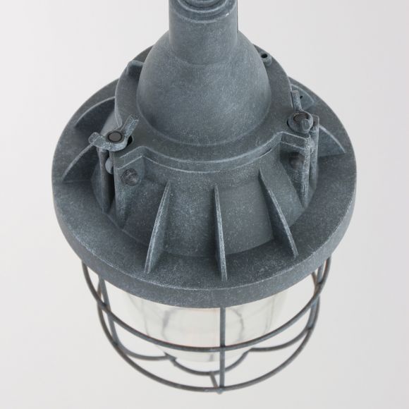 graue Pendelleuchte im Industrie Stil, 1-flammig, mit Glasschirm und Metallkäfig, höhenverstellbar, E27