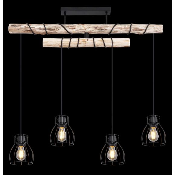 schwenkbare höhenverstellbare E27 Deckenleuchte aus Holz matt 2 Arme gerade  4 Hänger drehbar Kabel zum Herumwickeln 4-flammige Deckenlampe schwarz und  natur | WOHNLICHT