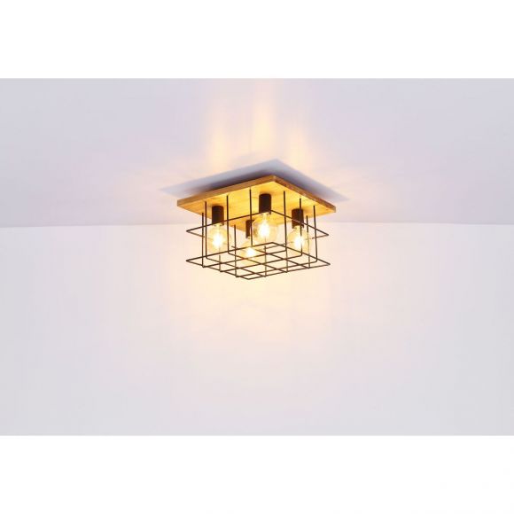 würfelförmige E27 Deckenleuchte aus Holz skandinavische quadratisch Käfig Betonstahl-Gitter Deckenlampe schwarz